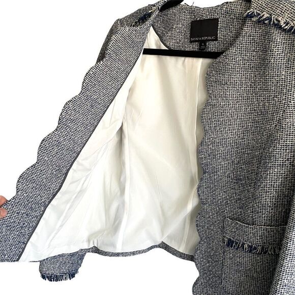 BANANA REPUBLIC Blue White Tweed Open Front Blazer Jacket Scalloped Edges 6 - Picture 2 of 7